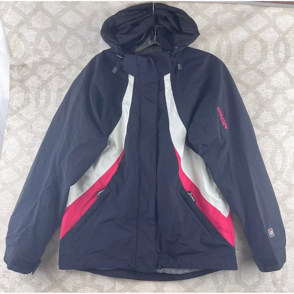 Spyder Kids XT 5000 Ski Jacket Navy Blue Pink White Hooded Winter‎ Coat Size 14